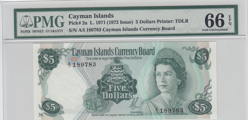 Cayman Islands, 5 Dollars, 1972, UNC, p2a
PMG 66, Queen Elizabeth II, serial nu...