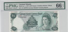 Cayman Islands, 5 Dollars, 1972, UNC, p2a
PMG 66, Queen Elizabeth II, serial number: A/1 189783
Estimate: $ 75-150