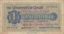 Ceylon, 1 Rupee, 1939, FINE, p16c
serial number: Q92 87016, Ceylon is the Old Name of Sri Lanka
Estimate: $ 10-20