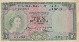 Ceylon, 10 Rupees, 1953, FINE-VF, p55a
serial number: L/30 120599, Queen Elizabeth II portrait
Estimate: $ 100-200