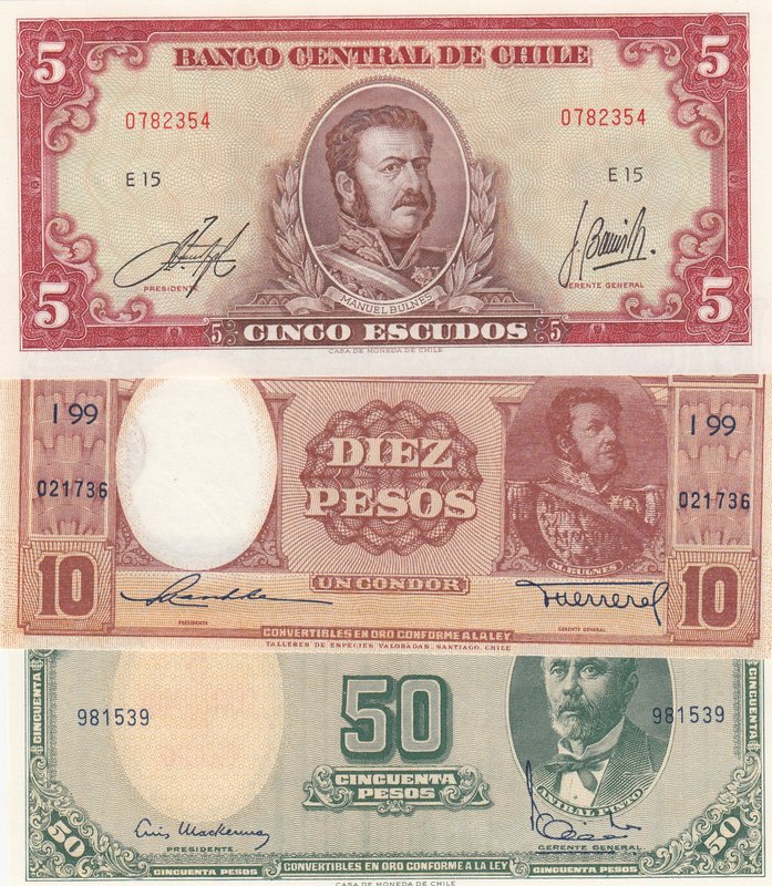 Chile, 5 Escudos, 10 Pesos and 50 Pesos, UNC, (Total 3 banknotes)
serial number...