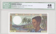 Comoros, 1000 Francs, 1986, UNC, p11b, HIGH CONDITION
ICG 68, Women Portrait at right, Serial No: E.06 49719 / E.06 49720, high condition.
Estimate:...