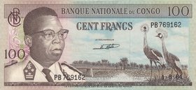 Congo Democratic Republic, 100 Francs, 1964, AUNC, p6a
serial number: PB 769162, Signature 1, Portrait of J. Kasavubu
Estimate: $ 40-60