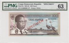 Congo Demokratic Republic, 100 Francs, 1961-69, UNC, p6s, SPECİMEN
PMG 63, serial number:SA 000000 177
Estimate: $ 50-100