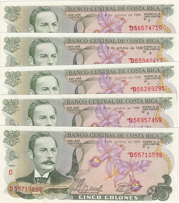 Costarica, 5 Colones, 1989, UNC, p236d, (Total 5 Banknotes)
serial numbers: D55...