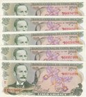 Costarica, 5 Colones, 1989, UNC, p236d, (Total 5 Banknotes)
serial numbers: D55710599/D56957469/D56289291/D55942417/D56674710, Portrait of Rafael Ygl...