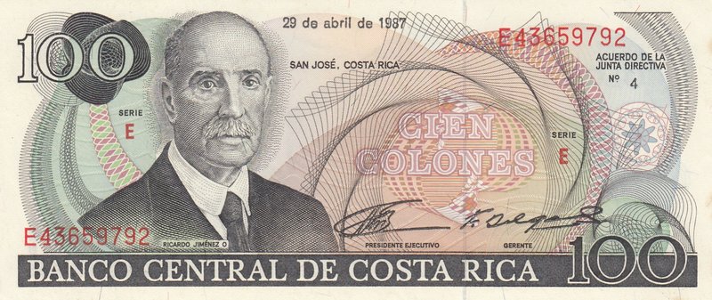 Costarica, 100 Colones, 1987, UNC, p248b
serial number: E43659792, Portrait of ...