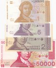 Croatia, 1 Dinara, 5 Dinara, 25 Dinara and 50.000 Dinara, 1991/1993, UNC, p16/p17/p19/p26, (Total 4 banknotes)
Estimate: $ 5-10