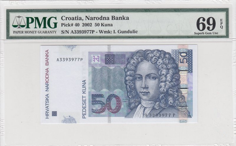 Croatia, 50 Kuna, 2002,UNC, p40
PMG 69 EPQ, serial number:A33393977P, HİGH COND...