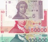 Croatia, 5 Dinara, 50000 Dinara and 100000 Dinara, 1991/ 1993, UNC, (Total 3 Banknotes)
serial numbers: E7101829, D6405547 and A8984548
Estimate: $ ...