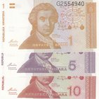 Repbulika Hrvatska (Crotia), 1 Dinar, 5 Dinara and 10 Dinara, 1991, UNC, p16a/ p17a/ p18a, (Total 3 Banknotes)
serial numbers: G2554940, F3128240 and...