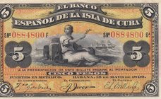 Cuba, 5 Pesos, 1896, UNC, p48b
serial number: 0884800, Overprint PLATA at Back, Woman Seated with Bales at Front
Estimate: $ 10-20