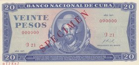 Cuba, 20 Pesos, 1971, UNC, p105a, SPECİMEN
serial number: J21 00000, Camilo Cienfuegos portrait at center
Estimate: $ 20-40