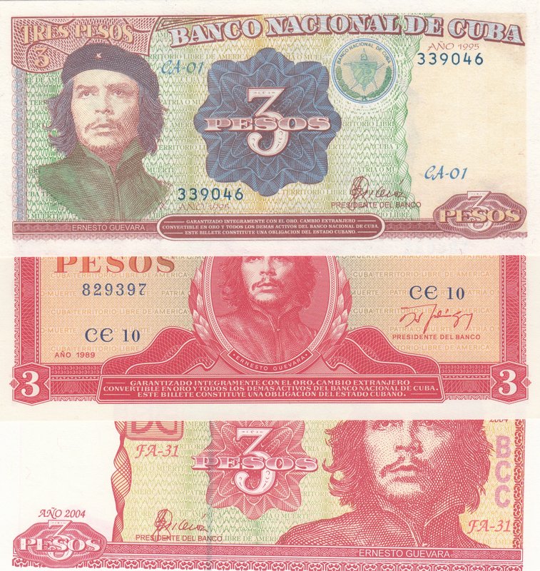 Cuba, 3 Peso (3), 1989/1995/2004, UNC, p107/p113/p127, (Total 3 banknotes)
Che ...