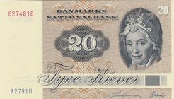 Denmark, 20 Kroner, 1972, UNC, p49a
serial number: A2791H, Pauline Maria Tutein portrait at right
Estimate: $ 15-30