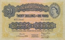 East African, 20 Shillings, 1956, XF, p35a
Queen Elizabeth II, serial number: H73 29440
Estimate: $ 200-400