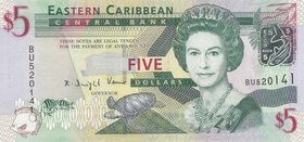 East Caribean States, 5 Dollars, 2008, UNC, p47
serial number: BU 520141, Queen Elizabeth II portrait
Estimate: $ 5-10