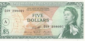East Caribbean States, 5 Dollars, 1965, UNC, p14h
serial number: D18 298097, Signature 10, Flying Fish Map at Left, Portrait of Queen Elizabeth II at...