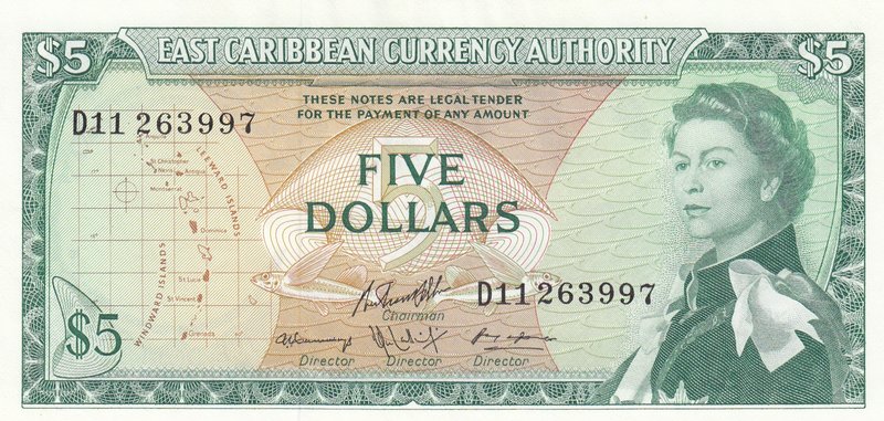 East Caribbean States, 5 Dollars, 1965, UNC, p14h
serial number: D11263997, Fly...