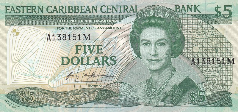 East Caribbean States, 5 Dollars, 1986-1988, UNC, p18m
serial number: A138151 M...