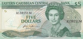 East Caribbean States, 5 Dollars, 1986-1988, UNC, p18m
serial number: A138151 M, Portrait of Queen Elizabeth II
Estimate: $ 60-80