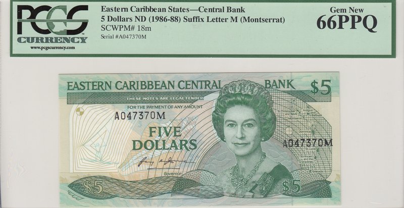 Eastern Caribbean, 5 Dollars, 1986, UNC, p18m
PCGS 66 PPQ, Queen Elizabeth II, ...