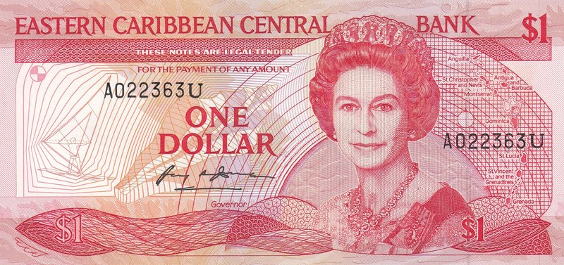 East Caribbean, 1 Dollar, 1988, UNC, p21u
Queen Elizabeth II Bankonte, serial n...