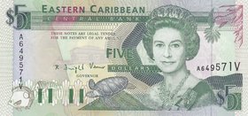 East Caribbean States, 5 Dollars, 1993, UNC, p26v
serial number: A649571 V, Signature 2, Portrait of Queen Elizabeth II
Estimate: $ 60-80