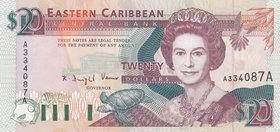 East Caribbean, 20 Dollars, 1993, UNC, p28a, RARE
Queen Elizabeth II Bankonte, serial number: A 334087A
Estimate: $ 200-400