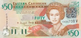 East Caribbean States, 50 Dollars, 1994, UNC, p34v
serial number: C034738V, St Vincent Island, Queen Elizabeth II portrait
Estimate: $ 75-150