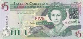 East Caribbean States, 5 Dollars, 2003, UNC, p42Aa
serial number: J962605 A, Signature 2, Portrait of Queen Elizabeth II
Estimate: $ 30-50