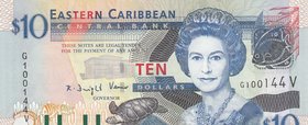 East Caribbean States, 10 Dollars, 2003, UNC, p43v
serial number: G100144 V, Signature 2, Portrait of Queen Elizabeth II
Estimate: $ 20-30
