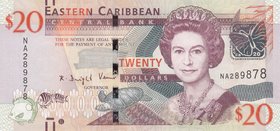 East Caribbean States, 20 Dollars, 2012, UNC, p53b
serial number: NA289878, Portrait of Queen Elizabeth II at Front and Goverment Building at Back, W...