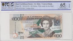 East Caribbean States, 100 Dollars, 2012, UNC, p55
PCGS 65, OPQ, serial number: VL 551632, Queen Elizabeth II portrait, St. Kitts Islands
Estimate: ...