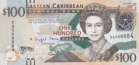 East Caribbean States, 100 Dollars, 2012, UNC, p55a
serial number: VQ508884, Portrait of Queen Elizabeth II at Front and Sir Arthur Lewis at Back, Na...