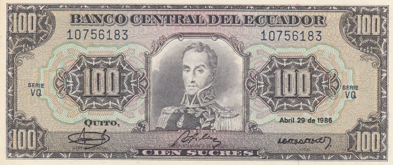 Ecuador, 100 Sucres, 1986, UNC, p123
serial number: VQ 10756183, Simon Bolivar ...