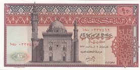 Egypt, 10 Pounds, 1975, UNC, p46
Sultan Hassan Mosque at left, Pyramids at back, Signature; 14, Serial No: 9647330 R/H06
Estimate: $ 10-20