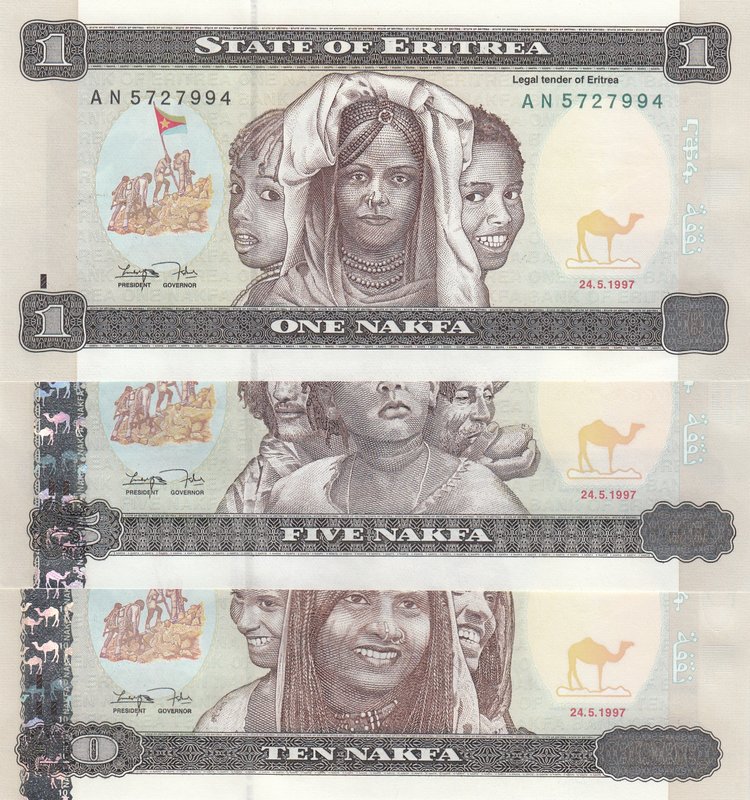 Eritrea, 1 Nakfa, 5 Nakfa and 10 Nakfa, 1997, UNC, p1/p2/p3, (Total 3 banknotes)...