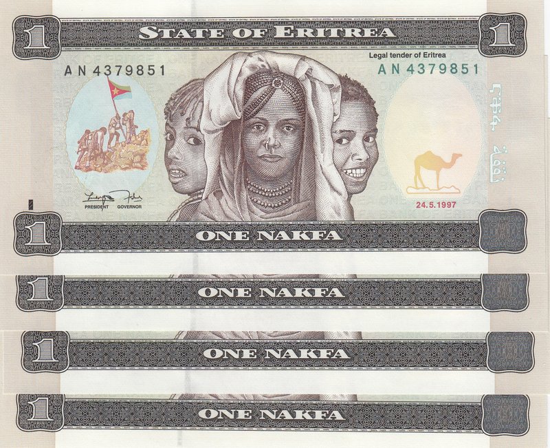 Eritrea, 1 Nakfa, 1997, UNC, p1, (Total 4 consecutive banknotes)
serial numbers...