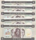 Eritrea, 1 Nakfa, 1997, UNC, p1, (Total 5 banknotes)
Estimate: $ 5-10