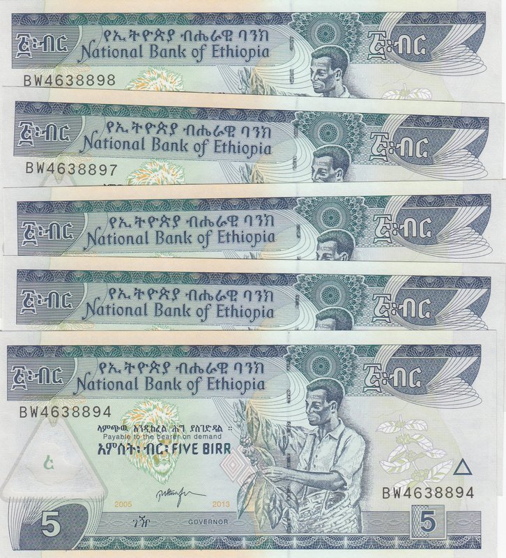 Ethiopia, 5 Birr, 2005/ 2013, UNC, p47f, (Total 5 Consecutive Banknotes)
serial...