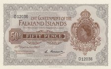 Falkland Islands, 50 Pence, 1969, UNC, p10a
serial number: D12036, Signature L. Gleadell, Portrait of Queen Elizabeth II
Estimate: $ 100-120