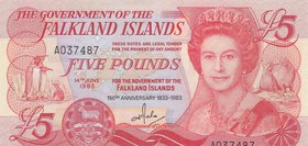 Falkland Islands, 5 Pounds, 1983, UNC, p12a
serial number: A037487, Portrait of Queen Elizabeth II
Estimate: $ 40-60