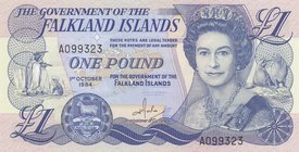Falkland Islands, 1 Pound, 1984, XF, p13
serial number: A 099323, Queen Elizabeth II portrait at right
Estimate: $ 15-30