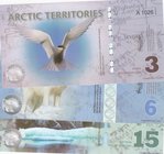 Arctic Territories, 3 Dollars, 6 Dollars and 15 Dollars, 2011/ 2013/ 2011, UNC
serial numbers: A 1026/ C 5542/ A 2085
Estimate: $ 20-40