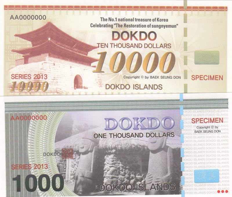 South Korea, Dokdo Island, 1000 Dollars and 10.000 Dollars, 2013, UNC, SPECIMEN,...