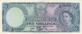 Fiji, 5 Shillings, 1965, UNC,p51e 
Queen Elizaberh I portrait, serial number: C14 102637, Back side stained
Estimate: $ 150-300