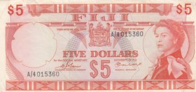 Fiji, 5 Dollars, 1974, VF, p73b
serial number: A/4 015360, Signature Barnes and Earland, Portrait of Queen Elizabeth
Estimate: $ 40-60