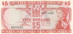 Fiji, 5 Dollars, 1974, AUNC, p73c
serial number: A/5575033, Signature D.J. Barnes and H.J. Tomkins, Portrait of Queen Elizabeth II
Estimate: $ 100-2...