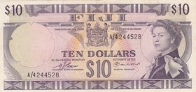Fiji, 10 Dollars, 1974, UNC, p74b
serial number: A/4 244528, Signature Barnes and Earland, Portrait of Queen Elizabeth II
Estimate: $ 300-500